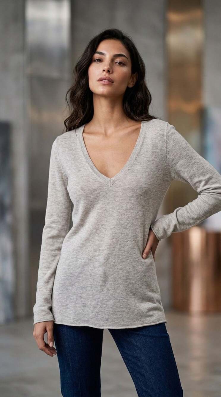 American Vintage Cashmere Grey V-Neck Long Sleeve Sweater